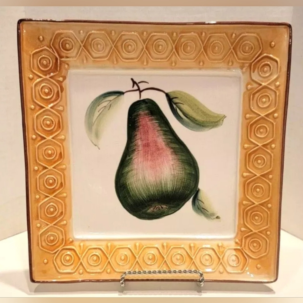 Stebas Vtg Handpainted Pear Motif 8.75" Sq Decorative Ceramic Plate Italy